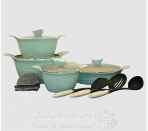 سرویس قابلمه 11 پارچه سبز آبی رز یونیک کد un-7752