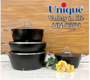 سرویس قابلمه یونیک 8 پارچه مشکی مدل درب سیلور کد UN-8301
