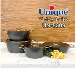 سرویس قابلمه یونیک 8 پارچه طوسی مدل درب فلت طلایی کد UN-8309