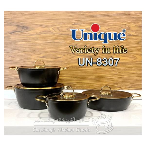 سرویس قابلمه یونیک 8 پارچه مشکی مدل درب فلت طلایی کد UN-8307
