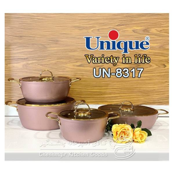 سرویس قابلمه یونیک 8 پارچه مدل درب فلت طلایی کد UN-8317