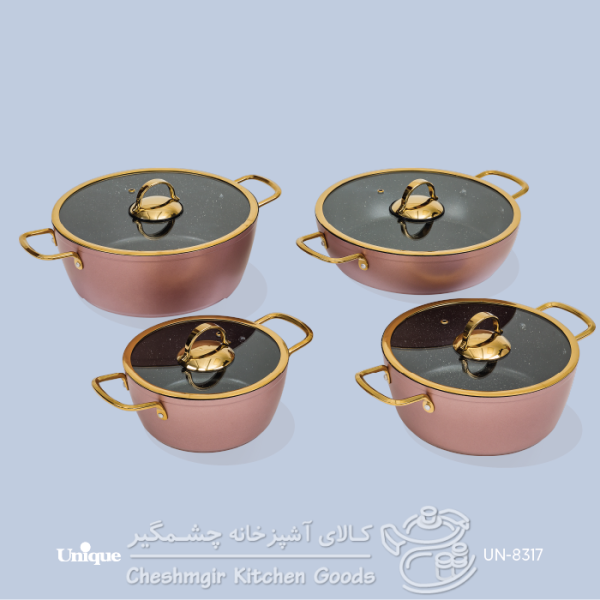 سرویس قابلمه یونیک 8 پارچه مدل درب فلت طلایی کد UN-8317