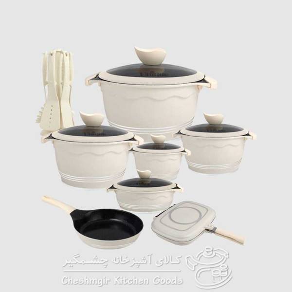 سرویس قابلمه گرانیتی یونیک 19 پارچه کرم مدل UN-8861